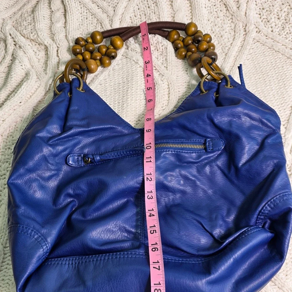 Bueno Hobo Satchel Bag Royal Blue Wood Bead Circle Handle Purse Soft Colorful